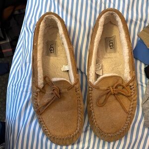 UGG Chestnut Suede Moccasin Slippers with Shearling Lining